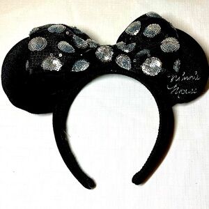 Disney Black and Silver Minnie Mouse Headband Ears. Velour. Sparkle. Embroidered